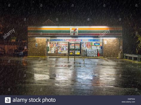 Store At Night, Rain At Night, Rain Night, Convenient Store, Store Front, 7 11, In The Rain, The Rain, At Night