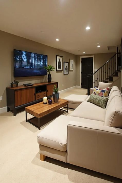 Transform your basement into the ultimate getaway! ✨ Think cozy movie nights or a chic game room. Your subterranean space is just begging for some love! 🛋️❤️  Dive into these 40 knock-out ideas and start dreaming. Who knew your basement could be so fabulous? 🤩 #HomeDecor #BasementMakeover Lower Level Living Room, Home Decor Basement, Scandinavian Basement Ideas, Simple Finished Basement Ideas, Basement Decorating Ideas Cozy Living, L Shaped Basement Layout Ideas, Cozy Basement Design Ideas, Basement Apartment Ideas Room Layouts, Sump Pump Cover Ideas