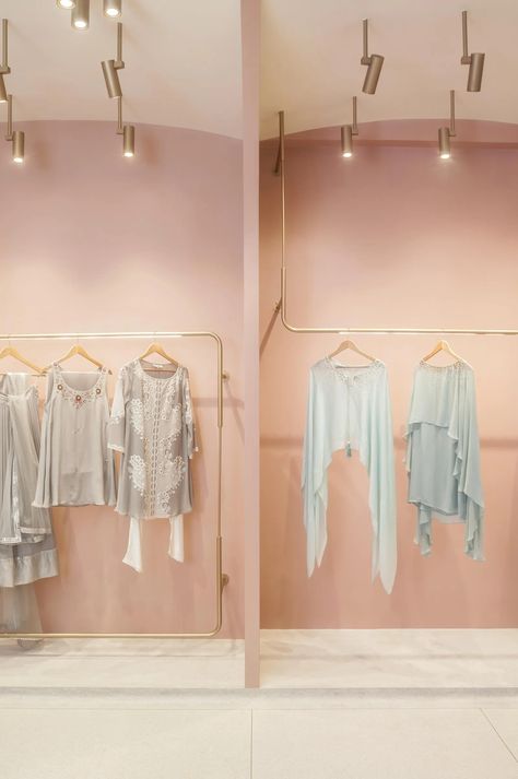 Mumbai: Peek into Seams' delicate, blush pink jewel box-like boutique | Architectural Digest India Fashion Store Design, Fashion Atelier, Multifunctional Space, Pink Jewels, Terrazzo Flooring, Material Palette, Pink Bridal, Jewel Box, Bridal Shop