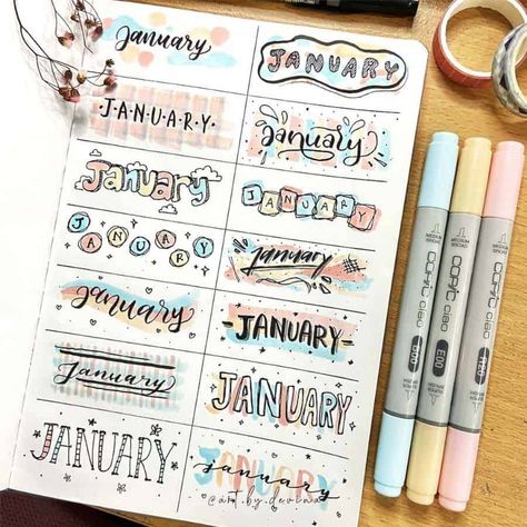 January Header, Bullet Journal Headings, Month Headers, Doodle Notebook, Stationery Pal, Bullet Journal Headers, January Bullet Journal, Header Ideas, Journaling Aesthetic