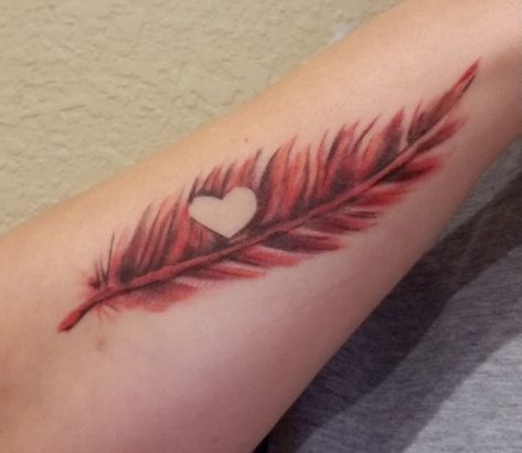 Cardinal feather tattoo #angelsalwaysnear #cardinal #tattoo Red Cardinal Feather Tattoo, Red Bird Feather Tattoo, Cardinal Tattoos Memorial, Memorial Cardinal Tattoo, Cardinal Feather Tattoo Memorial, Cardinal Memorial Tattoo, Cardinal Feathers, Red Feather Tattoo, Cardinal Feather Tattoo