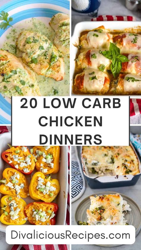 20 Low Carb Chicken Dinners Low Carb Chicken Dishes, Healthy Low Carb Chicken Recipes, Healthy Chicken Recipes Low Carb, Low Carb Weeknight Dinners, Healthy Chicken Dinner Ideas Low Carb, Chicken Breast Low Carb Recipes, Low Carb Recipes With Chicken, Low Carb Chicken Meals, Low Carb Ground Chicken Recipes