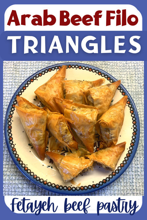 Flaky, buttery, filo pastry filled with Arab-spiced beef studded with pinenuts. One of the great appetizers! #arabbeeffilledfilotriangles #bestarabbeeffilotriangles #easyarabbeeffilledfilotriangles #bestfiloappetizers #greatbeeffilotriangles #internationalfiloappetizers #middleeasternbeeffiloappetizers #arabbeeffilledfiloapetizers #easybeefandfiloappetizersforparties #fateyahbeeffilledfilo #fateyahfilotriangles #beefonionpinenutfsilo #easyfateyahfilling #fateyahbeeffilling #bestjordanappetizers Tunisia Food, Quick Easy Appetizers, Philo Dough, Cheese Meatballs, Lebanon Food, Can Tomato Paste, Easy Delicious Appetizers, Filo Dough, Bacon Burgers