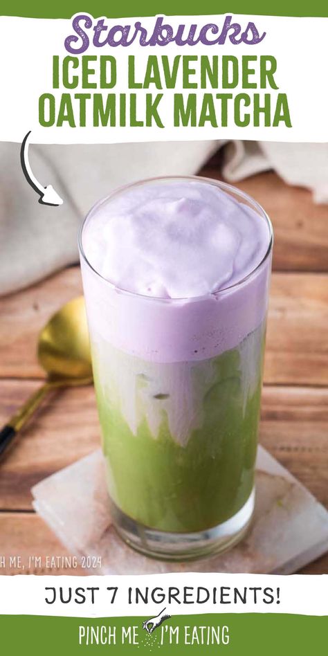 Lavender sweet cream cold foam is the perfect companion to this iced oatmilk matcha latte! Add this easy recipe to your favorite Starbucks copycat drinks to make at home! This sweet green tea latte is so good with the lavender cold foam in the spring! Fun Matcha Drinks, Copycat Starbucks Matcha Green Tea Latte, Iced Lavender Matcha Latte, Starbucks Lavender Matcha, Starbucks Matcha Latte Recipe, Lavender Cold Foam, Lavender Matcha Latte Recipe, Velvetiser Recipes, Easy Matcha Latte