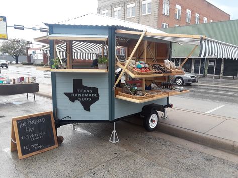 Custom Built Farmers Market Trailer for Handcrafted Soaps & Body Products Horse Trailer Produce Stand, Soap Shop Trailer, Produce Stand Trailer, Mobile Candle Truck, Vendor Trailer Ideas, Portable Farmers Market Stand, Craft Show Trailer, Mobile Farmers Market, Farmers Market Trailer