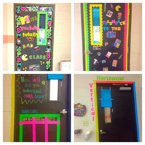 My outside and inside doors 80s Classroom, Teacher Door Decorations, Computer Lab Classroom, Room Parent, Kindergarten Decorations, Classroom Pictures, Preschool Bulletin, Preschool Classroom Decor, School Hallways