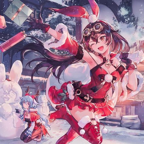 Genshin Impact Amber X Lumine, Amber Genshin Impact Fanart, Genshin Impact Christmas Wallpaper, Genshin Impact Christmas, Amber Icon, Amber Genshin Impact, Amber Genshin, Holiday Playlist, Anime Christmas