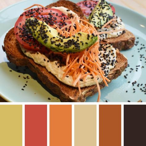 Hummus Toast, Carrot Hummus, Food Inspired, Avocado Tomato, Color Palettes, Hummus, Carrots, Color Schemes, Avocado