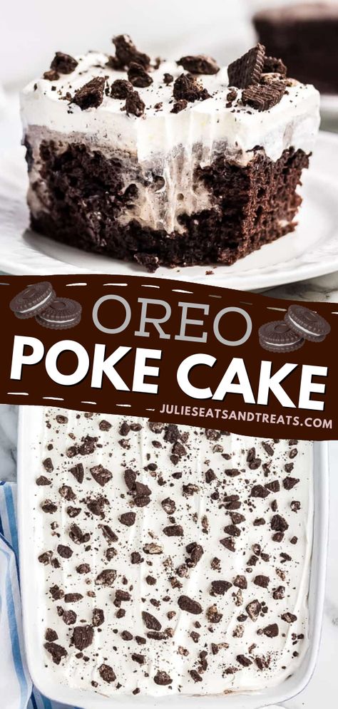 Looking for Valentine's day dessert recipe? This Oreo Poke Cake takes a chocolate cake to a whole new level and every bite has cookies and cream pudding center! Pin this easy Valentine's day treat! Cookies And Cream Pudding, Oreo Poke Cake, Oreo Dessert Recipes, Oreo Pudding, Poke Cake Recipes, Crushed Oreos, Oreo Recipes, Oreo Dessert, Oreo Cake