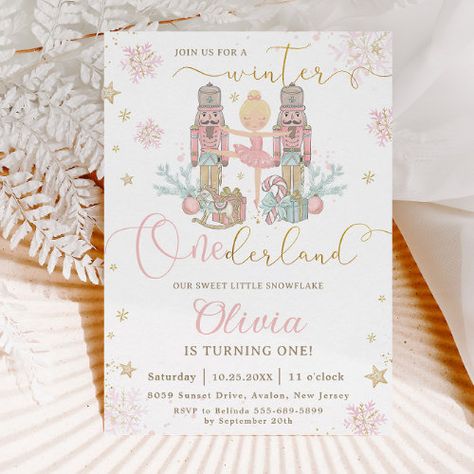 $3.09 | The Nutcracker Winter Onederland 1st Birthday | Birthday Invitations | winter onederland wonderland, 1st birthday party turning one, the nutcracker 1st birthday party, clara and the nutcracker ballet, sweet pastel soft delicate, blush pink gold glitter snowflakes, christmas first birthday party, presents candy cane rocking horse, whimsical, chic cute sweet girly holidays Nutcracker Theme First Birthday, 1st Birthday In December, Winter Onederland Party Invitations, 1st Birthday Christmas Theme Girl, It’s The Most Onederful Time Of The Year Birthday, One Year Old Birthday Party Girl Winter, Winteroneder Land Theme Party, December 1st Birthday Party Girl, First Birthday Girl Winter