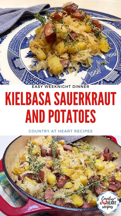 Kielbasa Sauerkraut and Potatoes is an easy one-dish recipe to make for your family as a weeknight dinner. Flavored with onion, garlic, thyme, and sage, it’s quite satisfying. Be sure to add this one to your favorite German or Polish recipes. #kielbasasauerkrautandpotatoes #maindishes #weeknightdinners #kielbasa #sauerkraut #kielbasakapusta #german #polish #countryatheartrecipes https://countryatheartrecipes.com/2022/09/kielbasa-sauerkraut-and-potatoes/ Kielbasa Sauerkraut And Potatoes, Sourkraut And Sausage, Kielbasa Sauerkraut, Sauerkraut And Potatoes, Cast Iron Skillet Recipes Dinner, Kielbasa And Potatoes, Polish Dishes, Sausage Sauerkraut, Pork Sausage Recipes