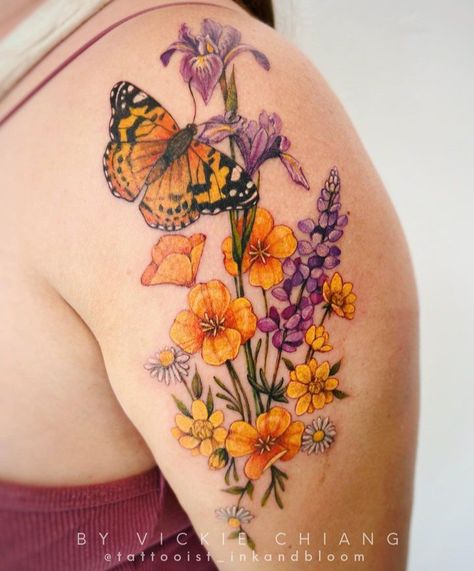 Wild Flower Watercolor Tattoo, Keats Tattoo, California Wildflowers Tattoo, Pollinator Tattoo, Bright Flower Tattoos, Wildflower Tattoos, Buttercup Tattoo, Winter Tattoo, Colorful Flower Tattoo