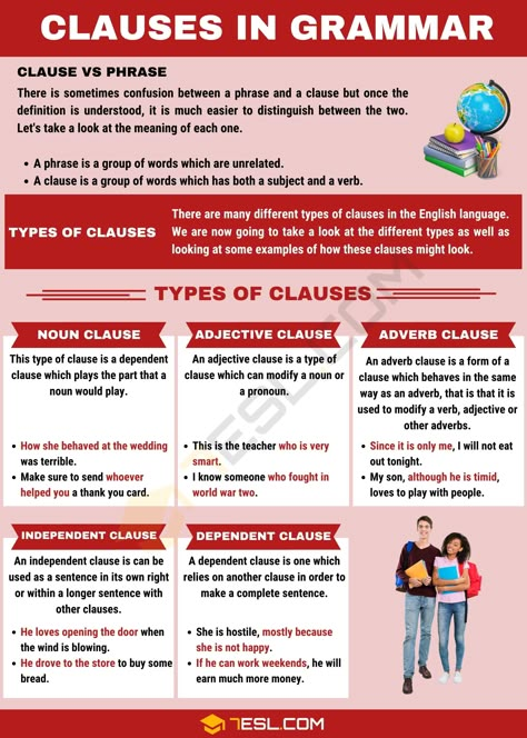 Types Of Clauses Grammar, Clauses Grammar, Types Of Clauses, Phrases And Clauses, English Grammar Notes, English Grammar Rules, Teaching English Grammar, English Language Learning Grammar, English Grammar Worksheets