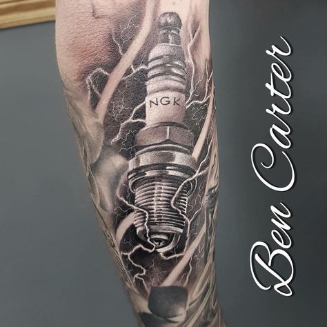 Black and grey spark plug! Tattooed by @bencartertattoos at @divinearttattoo . Poole . 01202 743983 . divinearttattoostudio@outlook.com .… Spark Plug Tattoo, Plug Tattoo, Piston Tattoo, Hot Rod Tattoo, Engine Tattoo, Gear Tattoo, Motor Tattoo, Tattoos Pictures, Tool Tattoo