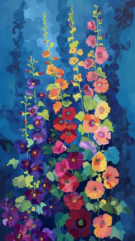 Blue Flower Tattoos, Hollyhocks Flowers, Abstract Flower Art, Flower Painting Canvas, Kids Art Class, Abstract Floral Art, Cottage Art, Inspirational Artwork, Flower Art Painting