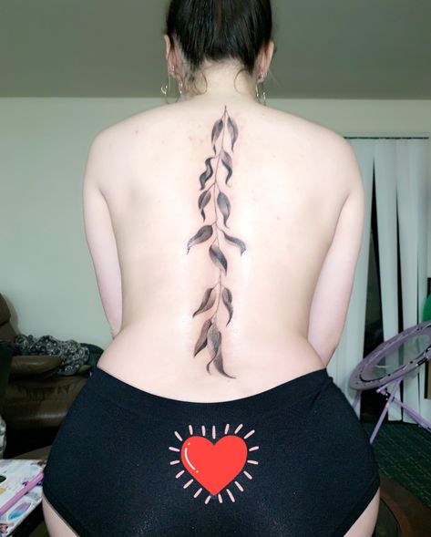 Willow tree branch spine tattoo down the back Tree Tattoo Back Shoulder, Willow Branch Spine Tattoo, Willow Tree Back Tattoo Women, Tree Branch Spine Tattoo, Willow Tree Spine Tattoo, Tree Branch Back Tattoo, Willow Vine Tattoo, Branch Spine Tattoo, Botanical Spine Tattoo