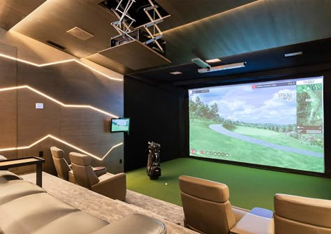 Eastern-Inspired Craftsman – Magleby Construction Golf Lounge Interior, Golf Zone, Simulator Room, Vr Room, Home Golf Simulator, Golf Simulator Room, Garage Game Rooms, Golf Room, Home Theater Room Design