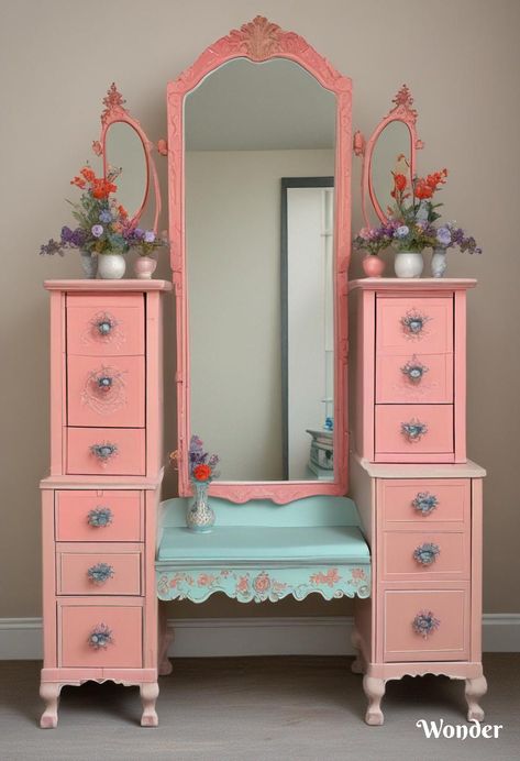 Upcycled Vanity, Ambani House, Furniture Makeover Inspiration, Handmade Wood Crafts, Whimsical Painted Furniture, Pink Furniture, Diy Vanity, Diy Upcycle, Country House Plans