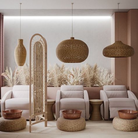 Earthy Beauty Room, Boho Style Beauty Salon, Bali Nail Salon, Neutral Spa Decor, Boho Style Salon, Beauty Center Design Interiors, Bali Spa Interior Design, Spa Nails Salon Interior Design, Bohemian Beauty Salon