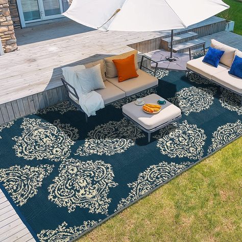 wikiwiki Outdoor Rug, 9x12ft Waterproof Reversible Mat Indoor Outdoor Rugs Carpet, Large Area Rug Plastic Straw Rug for Patio Deck Balcony Pool RV Camping Beach Picnic, Blue & Beige Outdoor Camping Rugs, Straw Rug, Camping Rug, Deck Balcony, Balcony Pool, Indoor Outdoor Carpet, Camping Beach, Small Area Rug, Outdoor Rugs Patio