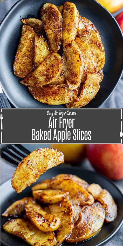 Air fryer baked apples are an easy and delicious treat your family with love! Perfectly cooked cinnamon and sugar baked apples in only 10 minutes! Air fryer apples are so easy to make and they are totally delicious. Add as a topping for oatmeal, serve with a baked ham, or eat as a single serving treat. Air fryer baked apple slices are a delicious treat any time. Baked Apples Healthy, Air Fryer Baked Apples, Air Fryer Apples, Baked Apple Slices, Best Apples For Baking, Baked Apple Recipes, Ham Dinner, Apple Snacks, Apple Recipes Easy