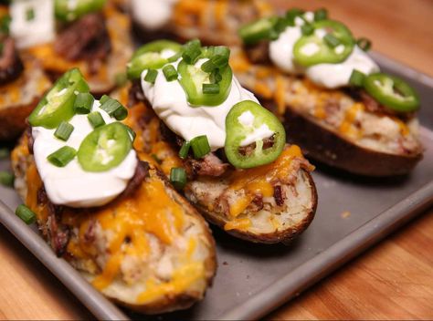 Brisket Potato Skins, Brisket Potatoes, Meaty Twice Baked Potatoes, Brisket Stuffed Baked Potatoes, Cheeseburger Twice Baked Potato, Smoked Twice Baked Potatoes, Baked Potato Dinner, Baked Brisket, Perfect Potatoes