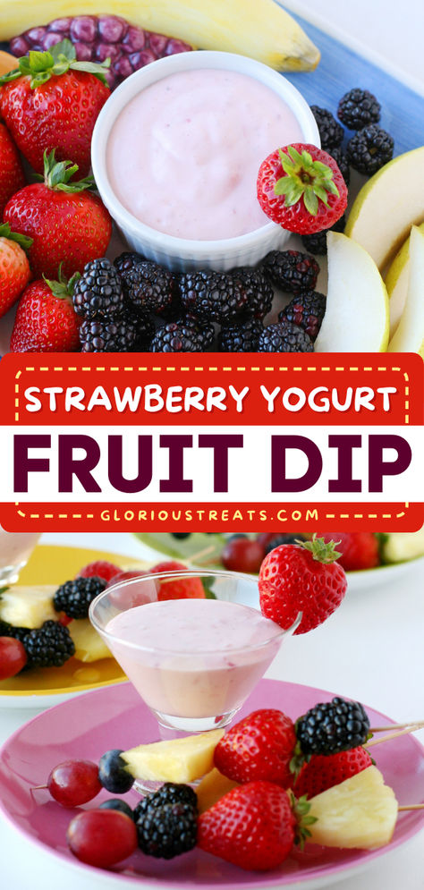 This Strawberry Yogurt Fruit Dip is a sweet and delicious homemade dip to add to your Easter potluck ideas! It's a great choice as a snack or light dessert. Pin this easy Easter appetizer recipe! Protein Fruit Dip, Strawberry Yogurt Fruit Dip, Strawberry Fruit Dip, Easter Appetizers Easy, Yogurt Fruit Dip, Spring Snacks, Great Dinner Recipes, Easter Food Appetizers, Fruit Dips Recipes