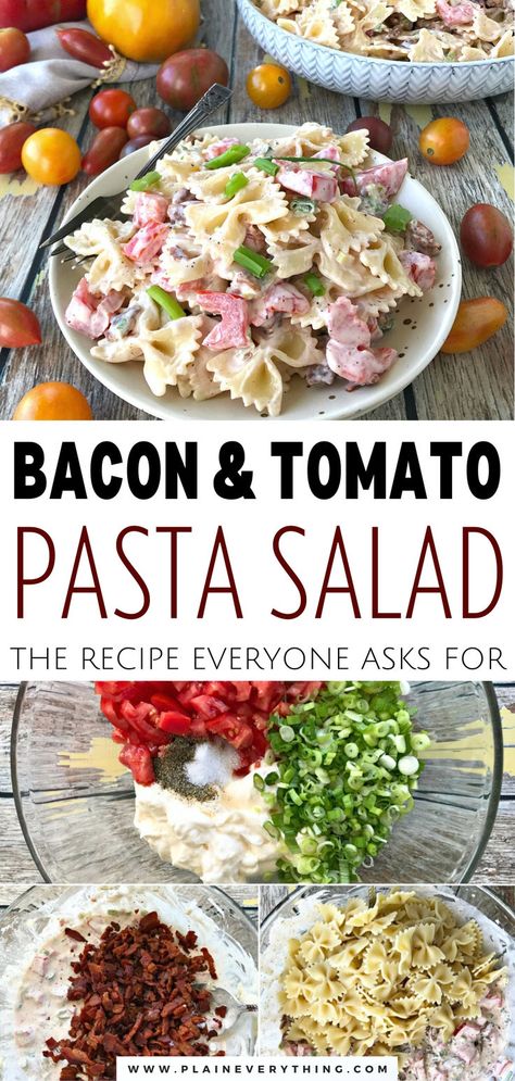 Pasta Salad Recipe with Bacon & Tomato Bacon Tomato Pasta Salad, Pasta Salad With Bacon, Bacon Tomato Pasta, Salad Recipes With Bacon, Recipe With Bacon, Tomato Pasta Salad, Bbq Recipe, Easy Pasta Salad Recipe, Bacon Tomato