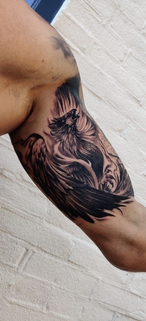 Phoenix Tattoo Men Bicep, Phoenix Tattoo Bicep, Dragon Inner Bicep Tattoo, Phoenix Bicep Tattoo, Dragon Bicep Tattoo Men, Biceps Tattoo Men, Mens Bicep Tattoo Ideas, Inner Bicep Tattoo Men Ideas Design, Biceps Tattoos For Men