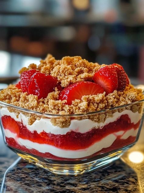 health meal, low carbs meals, keto meal Strawberry Crunch Cheesecake Delight, Strawberry Cheesecake Trifle Recipe, Strawberry Cheesecake Trifle, Strawberries Cheesecake, Strawberry Crunch Cheesecake, Cheesecake Delight, Crunch Cheesecake, Creamy Garlic Mashed Potatoes, Chocolate Chip Cookie Pie