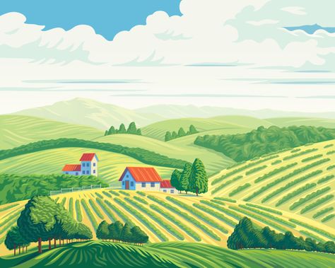 동화 삽화, Landscape Quilts, Country Paintings, Background Drawing, Summer Landscape, Rural Landscape, Art Et Illustration, Rural Area, Landscape Illustration