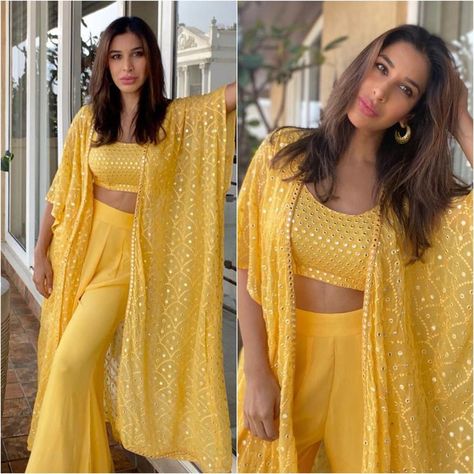 A Fashionista's Diary on Instagram: “@sophiechoudry Outfit - @bhumikagrover #bollywood #style #fashion #beauty #bollywoodstyle #bollywoodfashion #indianfashion #celebstyle…” Yellow Sharara, Mirror Work Dress, Haldi Outfits, Haldi Outfit, Mehendi Outfits, Indian Outfits Lehenga, Shrug For Dresses, Yellow Outfit, Indian Bridal Outfits