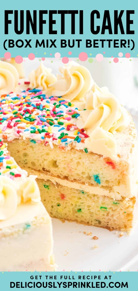 Learn how to improve boxed cake mix! It's a simple dessert. Thanks to the addition of a few simple ingredients, this funfetti cake mix has that rich homemade flavor you know and love. Save this yummy cake recipe and enjoy this funfetti dessert! Funfetti Homemade Cake, Cake Mix Birthday Cake Recipes, How To Make Funfetti Box Cake Better, Boxed Funfetti Cake Mix Recipes, Doctored Up Funfetti Cake Mix Recipes, Fun Fetti Cake Mix Recipes, Rainbow Bit Cake Mix Recipes, Doctored Funfetti Cake Mix Recipes, Box Confetti Cake Mix Recipes