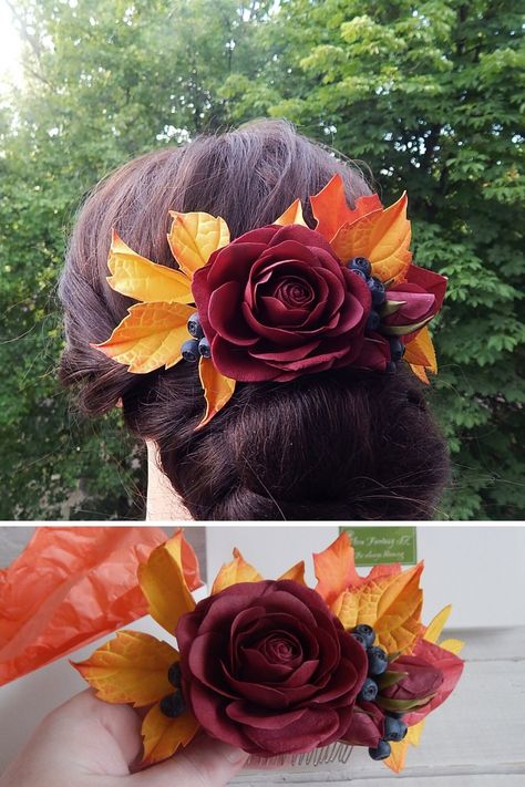 Fall Wedding Hair Pieces, Fall Leaves Wedding, Fall Wedding Hair, Fall Leaf Wedding, Bridal Floral Hair, Burgundy Wedding Flowers, Red Orange Hair, Fall Wedding Bridesmaids, Floral Hair Piece