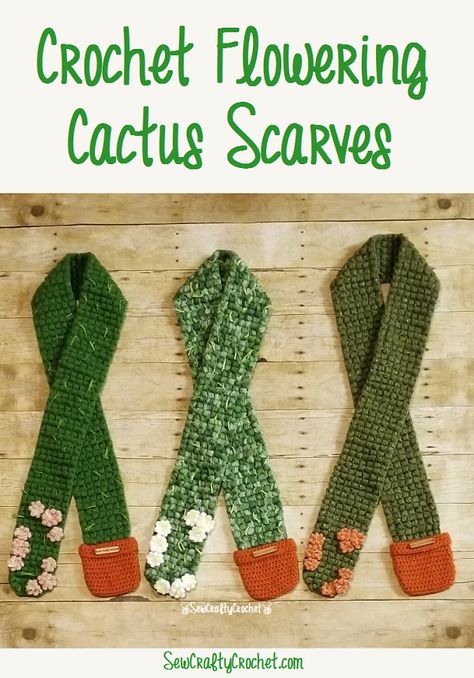 Crochet Cactus Scarf, Funky Crochet Scarf Pattern, Crochet Plant Sweater, Crochet Fun Scarf, Crochet Cactus Hat, Fun Crochet Scarf, Crochet Accessories Ideas, Red Crochet Ideas, Cactus Beanie