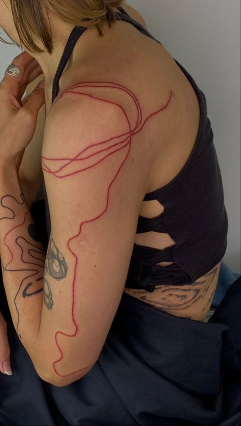 Red Abstract Line Tattoo, Line Down Arm Tattoo, Small Abstract Tattoo, Palm Tattoos For Women, Line Arm Tattoo, Red Line Tattoo, Abstract Line Tattoo, Line Tattoo Arm, Sorry Mom Tattoo