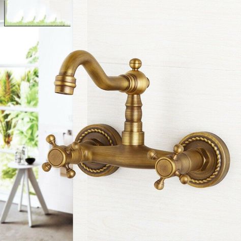 Antique Brass Bathroom Faucet, Antique Brass Faucet, Antique Brass Bathroom, Contemporary Bathroom Decor, Brass Bathroom Faucets, Wall Faucet, Basin Sink Bathroom, Wall Mount Faucet Bathroom, Wall Mount Sink