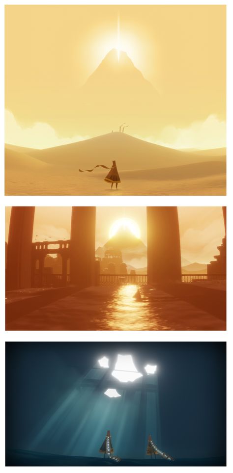 A series of screen captures from a 2012 game named 'Journey' developed by 'Thatgamecompany'. Journey is a breathtaking game that presents the quintessential call to adventure. It does this using no written text or spoken word (with the exception of the games title and credits). It does this though various means but, in particular, the use of colour is one of great subtlety, as the games scenery is constantly moving from warm and optimistic reds and yellows to cold and uninviting shades of blue. Journey Game Concept Art, Journey Game Tattoo, Game Title Screen, Reference Study, Journey Game, Games Journey, Realistic Games, Fantasy Village, Master Thesis