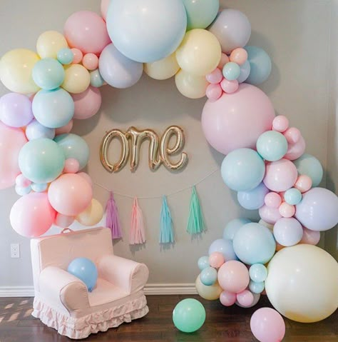 First Birthday Girl Balloons, Pastel First Birthday Party Decor, Pastel Rainbow Birthday Decorations, Pastel 1st Birthday Party, Pastel Birthday Balloons, One Birthday Balloons, Pastel Birthday Decorations, Pastel First Birthday, Pastel 1st Birthday Girl