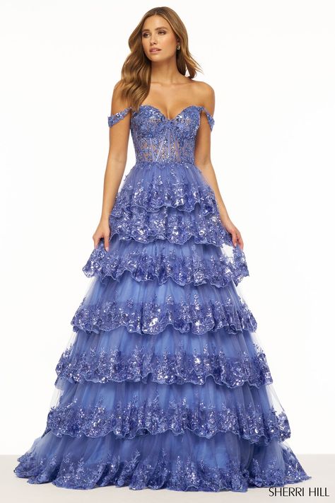 Lace Prom Gown, Sequin Ball Gown, Sheer Corset, Sherri Hill Prom, Off Shoulder Gown, Lace Evening Gowns, Princess Sleeves, Sherri Hill Prom Dresses, Corset Bodice