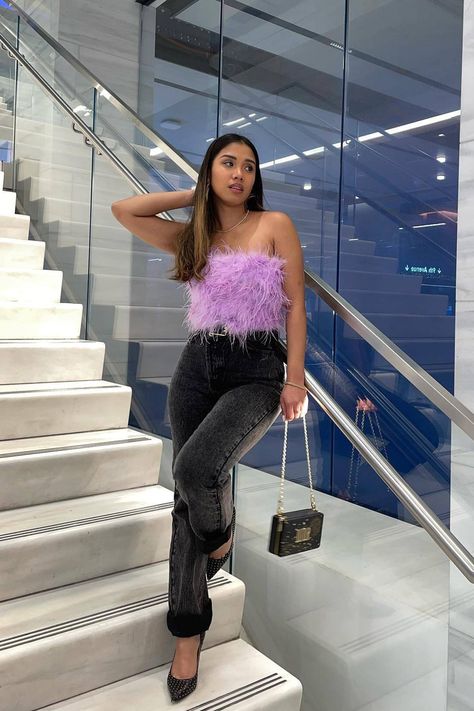 Feather Tube Top Outfit, Leather Pants Style, Tube Top Outfits, Feather Top, One And Done, 12th Tribe, Feather Tops, Off The Shoulder Tops, Boned Bodice