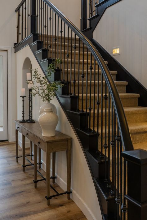 Old Coach Road, Poway — Daniel Merk-Benitez Neoclassical Stairs, Old House Staircase, Luxury Stairs Design, Spanish Colonial Architecture, Colonial Interiors, Luxury Stairs, Black Staircase, Stair Cases, White Staircase