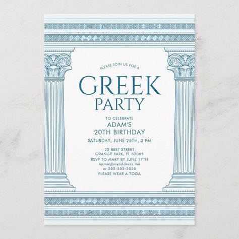 Blue Birthday Party Invitation with Greek temple Greek Birthday Party, Greek Birthday, Blue Birthday Party, Toga Party, Blue Birthday Parties, Greek Temple, Greek Design, Stone Columns, Supper Club