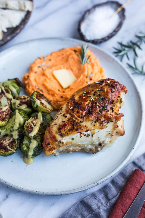 A plate topped with rosemary and garlic roasted chicken, whipped sweet potatoes, and Brussels sprouts drizzled with maple dijon glaze Chicken Brussel Sprout Recipes, Chicken For Breakfast, Roast Chicken Seasoning, Garlic Roasted Chicken, Rosemary Chicken Thighs, Chicken Brussel Sprouts, Whipped Sweet Potatoes, Sprouting Sweet Potatoes, Rosemary Roasted Chicken