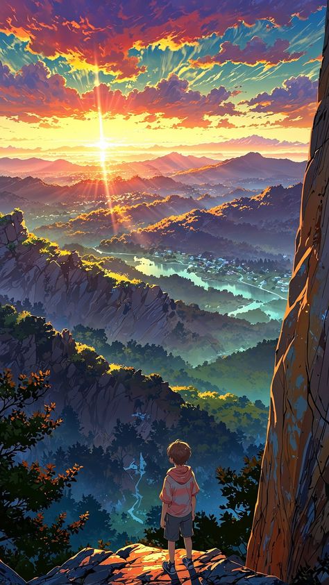 A boy standing at the edge of a cliff, watching the sunrise over distant mountains. His silhouette is outlined by the morning light, the sky painted with soft pinks and oranges. The scene is tranquil, filled with a sense of new beginnings and solitude. Morning Sky Painting, Cliff Painting, Mountain Cliff, Mountains Sunrise, Distant Mountains, Fantasy Mountain Range, Cliff Sunset, Mountain Sunset Illustration, Sunset Behind Mountains