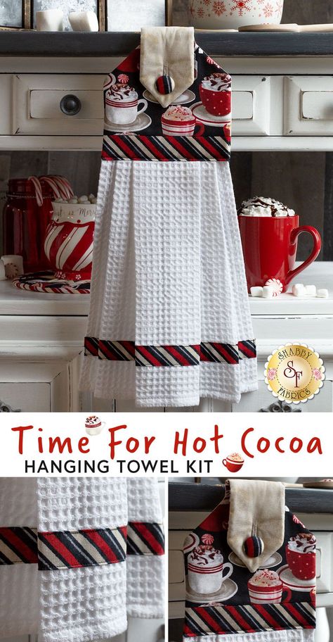 Create this adorable decorative towel for your kitchen using the June Tailor pre-printed batting made with the Time for Hot Cocoa collection by Wilmington Prints! They make the perfect autumn or winter housewarming gift! The finished towel measures approximately 6" x 19" Quilted Kitchen Towel Topper, Kitchen Towels Crafts How To Make, Kitchen Hand Towel Holder Ideas, Christmas Towels Diy, Hanging Kitchen Towels Diy Free Pattern, Hand Towels Diy, Kitchen Towels Diy, Country Craft Ideas, Dish Towel Crafts