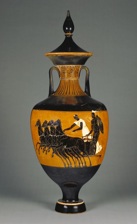 "Side B / Attic Panathenaic Amphora with Lid," Attributed to the Marsyas Painter, Athens, Greece; 340 - 339 B.C. Terracotta. Etruscan Pottery, Roman Pottery, Ancient Athens, Ancient Greek Pottery, Classical Greece, Istoria Artei, Ancient Greek Art, Greek Pottery, Greek Vases