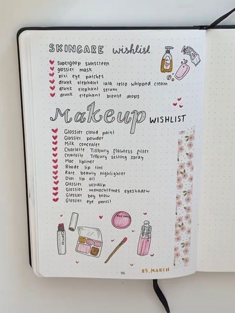 Makeup Journal Ideas, Journaling Inspiration Aesthetic, Wishlist Bullet Journal, Makeup Journal, Journal Page Ideas, Dotted Journal, Bullet Journal Page, Journal Inspiration Writing, Bullet Journal Ideas Templates