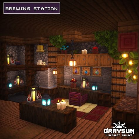 Graysun | Minecraft Builds (@graysun_builds) • Instagram photos and videos Minecraft Crafting Room Design, Minecraft Cottage Interior Design, Brewing Minecraft Room, Minecraft Cottage Living Room, Enchanting Table Set Up Minecraft, Minecraft Brewing Room Design, Minecraft Room Builds, Fancy Bed Minecraft, Curtains In Minecraft