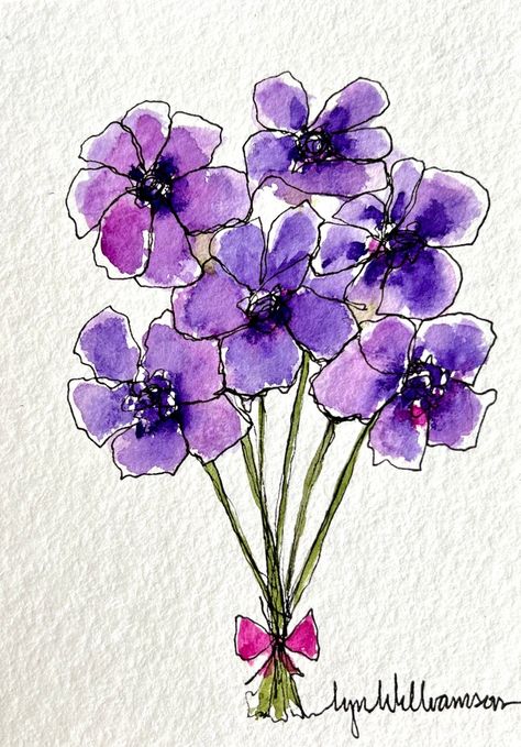 Painting Using Watercolor, Bouquet Of Purple Flowers, Daniel Smith Watercolor, Giving Flowers, Vase Of Flowers, Diy Watercolor Painting, Watercolor Greeting Cards, Watercolor Flower Art, Cat Air